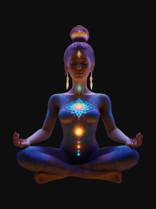 3D model for Highly detailed 3D model of a meditating woman in a lotus pose. She has glowing energy radiating from her chest in the form of a vibrant, radiant mandala. Surround her with an ethereal, mystical aura and intricate geometric patterns in the background. Her hair is tied in a high bun, and the lighting should emphasize the colorful energy waves emanating from her body. Use a futuristic and spiritual aesthetic with a balance of soft and bright neon colors., Ultra Realistic