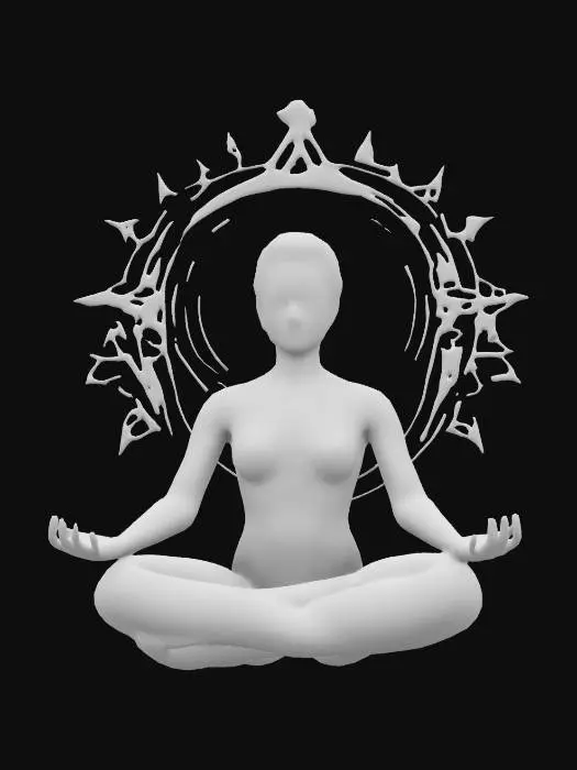 3D model for Highly detailed 3D model of a meditating woman in a lotus pose. She has glowing energy radiating from her chest in the form of a vibrant, radiant mandala. Surround her with an ethereal, mystical aura and intricate geometric patterns in the background. Her hair is tied in a high bun, and the lighting should emphasize the colorful energy waves emanating from her body. Use a futuristic and spiritual aesthetic with a balance of soft and bright neon colors., Ultra Realistic