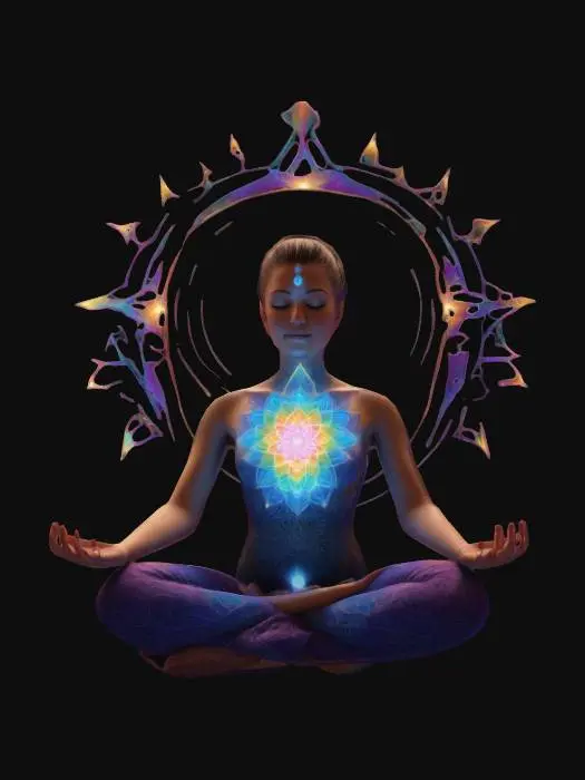 3D model for Highly detailed 3D model of a meditating woman in a lotus pose. She has glowing energy radiating from her chest in the form of a vibrant, radiant mandala. Surround her with an ethereal, mystical aura and intricate geometric patterns in the background. Her hair is tied in a high bun, and the lighting should emphasize the colorful energy waves emanating from her body. Use a futuristic and spiritual aesthetic with a balance of soft and bright neon colors., Ultra Realistic