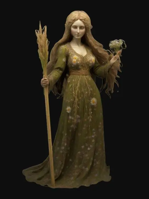 3D model for Mokosh, the Slavic goddess of fertility and the earth, portrayed as a nurturing figure with flowing hair resembling ripened wheat. Her dress is woven with patterns of flowers, rivers, and stars. She holds a spindle and thread in her hands, symbolizing the weaving of fate. The backdrop is a lush meadow under a starlit sky, with fields and rivers stretching into the distance.