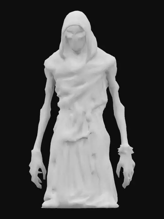 3D model for Poroniec, a haunting Slavic spirit, depicted as a small, twisted, and pale humanoid figure with sunken eyes glowing faintly red. Its emaciated body is wrapped in tattered cloth, and it exudes an aura of sorrow and malice. Styled with an eerie, unsettling atmosphere, it crouches in a shadowy forest clearing, surrounded by fog and faint whispers in the air. , Full Body