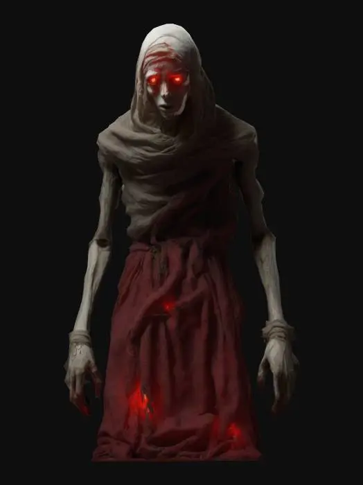 3D model for Poroniec, a haunting Slavic spirit, depicted as a small, twisted, and pale humanoid figure with sunken eyes glowing faintly red. Its emaciated body is wrapped in tattered cloth, and it exudes an aura of sorrow and malice. Styled with an eerie, unsettling atmosphere, it crouches in a shadowy forest clearing, surrounded by fog and faint whispers in the air. , Full Body