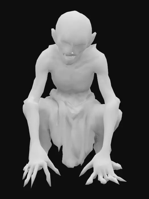 3D model for Poroniec, a haunting Slavic spirit, depicted as a small, twisted, and pale humanoid figure with sunken eyes glowing faintly red. Its emaciated body is wrapped in tattered cloth, and it exudes an aura of sorrow and malice. Styled with an eerie, unsettling atmosphere, it crouches in a shadowy forest clearing, surrounded by fog and faint whispers in the air. , Full Body