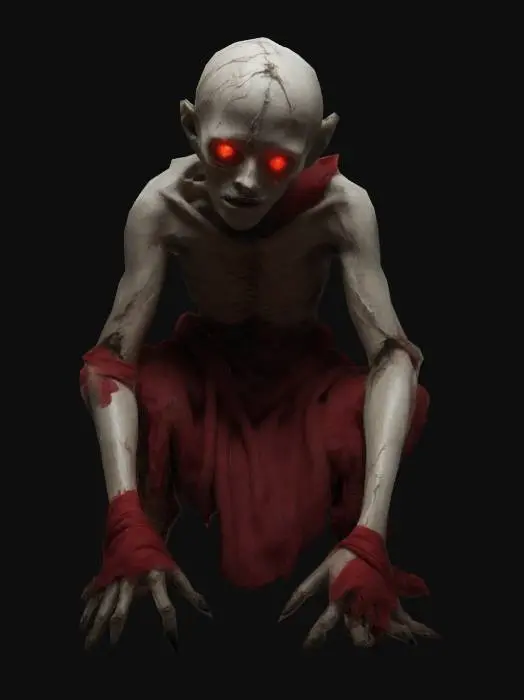 3D model for Poroniec, a haunting Slavic spirit, depicted as a small, twisted, and pale humanoid figure with sunken eyes glowing faintly red. Its emaciated body is wrapped in tattered cloth, and it exudes an aura of sorrow and malice. Styled with an eerie, unsettling atmosphere, it crouches in a shadowy forest clearing, surrounded by fog and faint whispers in the air. , Full Body