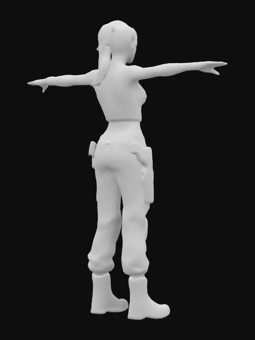 3D model for Highly detailed 3D model of a female soldier in T-Pose. She has blonde hair tied back into a neat ponytail, wearing a loose khaki crop top and camouflage cargo pants with a sturdy belt. Her combat boots are rugged, and she has a pair of dog tags hanging around her neck. The model should also feature a wristwatch on one hand. The fabric textures should show realistic wear and creases, emphasizing a modern military aesthetic., Ultra Realistic