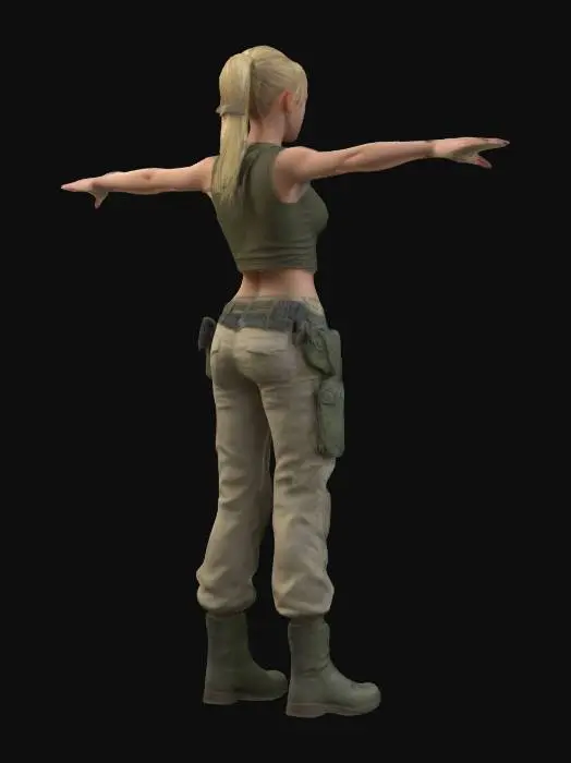 3D model for Highly detailed 3D model of a female soldier in T-Pose. She has blonde hair tied back into a neat ponytail, wearing a loose khaki crop top and camouflage cargo pants with a sturdy belt. Her combat boots are rugged, and she has a pair of dog tags hanging around her neck. The model should also feature a wristwatch on one hand. The fabric textures should show realistic wear and creases, emphasizing a modern military aesthetic., Ultra Realistic