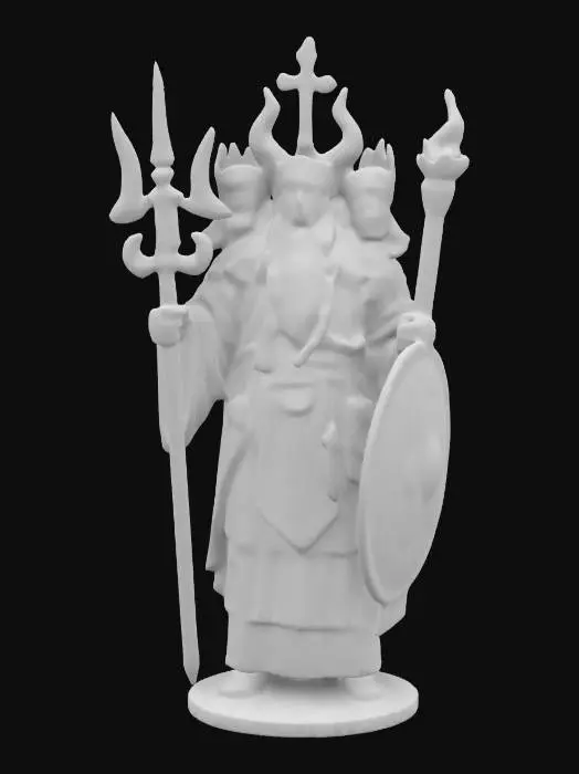3D model for Svetovid, a majestic Slavic deity with four faces, representing the four directions, seasons and elements. Each face has a calm and wise expression, looking outward in perfect symmetry. The Svetovid stands tall, dressed in ceremonial robes embroidered with intricate Slavic patterns and symbols of nature. In his hands he holds sacred objects: a horn of plenty, a sword, a shield and a torch, each symbolizing prosperity, war, protection and light. 