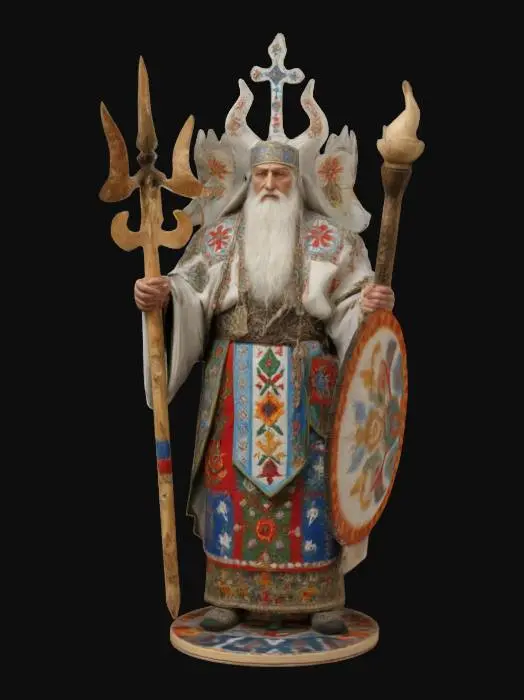 3D model for Svetovid, a majestic Slavic deity with four faces, representing the four directions, seasons and elements. Each face has a calm and wise expression, looking outward in perfect symmetry. The Svetovid stands tall, dressed in ceremonial robes embroidered with intricate Slavic patterns and symbols of nature. In his hands he holds sacred objects: a horn of plenty, a sword, a shield and a torch, each symbolizing prosperity, war, protection and light. 