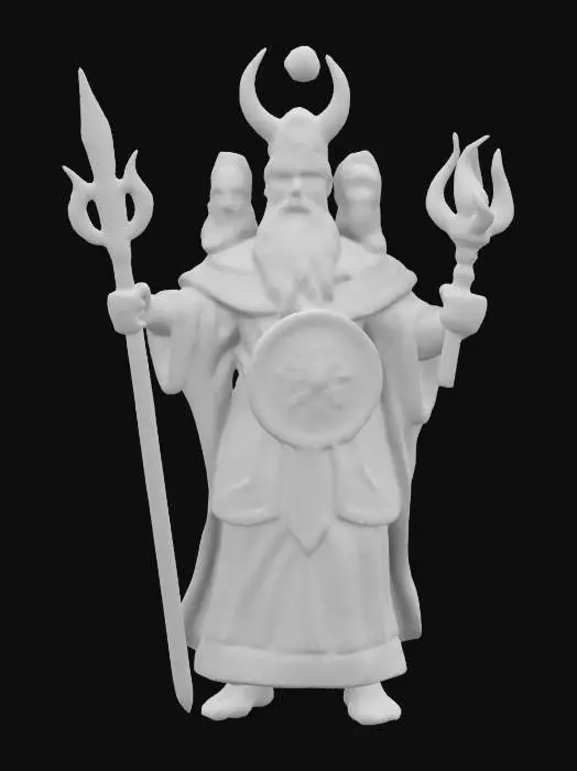 3D model for Svetovid, a majestic Slavic deity with four faces, representing the four directions, seasons and elements. Each face has a calm and wise expression, looking outward in perfect symmetry. The Svetovid stands tall, dressed in ceremonial robes embroidered with intricate Slavic patterns and symbols of nature. In his hands he holds sacred objects: a horn of plenty, a sword, a shield and a torch, each symbolizing prosperity, war, protection and light. 
