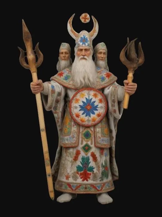 3D model for Svetovid, a majestic Slavic deity with four faces, representing the four directions, seasons and elements. Each face has a calm and wise expression, looking outward in perfect symmetry. The Svetovid stands tall, dressed in ceremonial robes embroidered with intricate Slavic patterns and symbols of nature. In his hands he holds sacred objects: a horn of plenty, a sword, a shield and a torch, each symbolizing prosperity, war, protection and light. 
