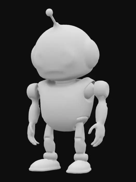 3D model for Highly detailed 3D model of Marvin, the depressed robot from The Hitchhiker’s Guide to the Galaxy. Marvin has a rounded, futuristic design with a slightly slouched posture. His head is large and slightly tilted, with glowing, melancholic eyes that radiate a sense of existential dread. The body is sleek and metallic, with visible joints and subtle scratches showing wear. The overall mood should reflect his sarcastic and pessimistic personality, with a clean sci-fi aesthetic.