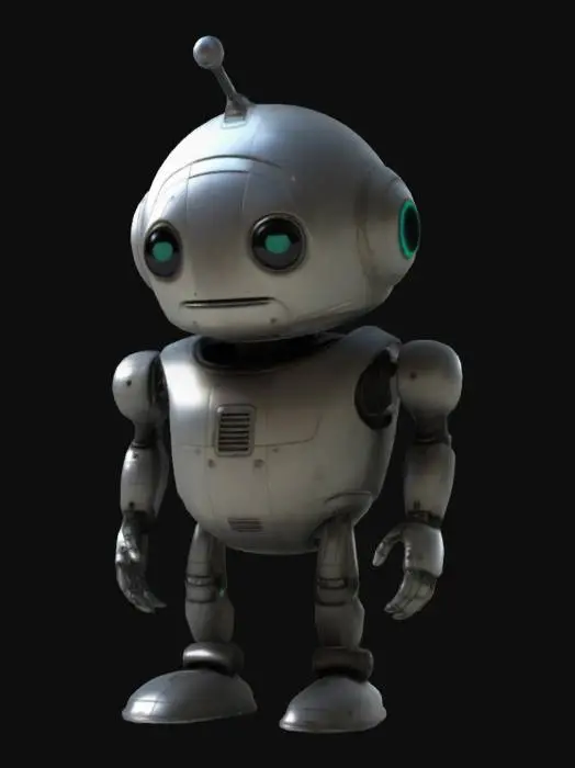3D model for Highly detailed 3D model of Marvin, the depressed robot from The Hitchhiker’s Guide to the Galaxy. Marvin has a rounded, futuristic design with a slightly slouched posture. His head is large and slightly tilted, with glowing, melancholic eyes that radiate a sense of existential dread. The body is sleek and metallic, with visible joints and subtle scratches showing wear. The overall mood should reflect his sarcastic and pessimistic personality, with a clean sci-fi aesthetic.