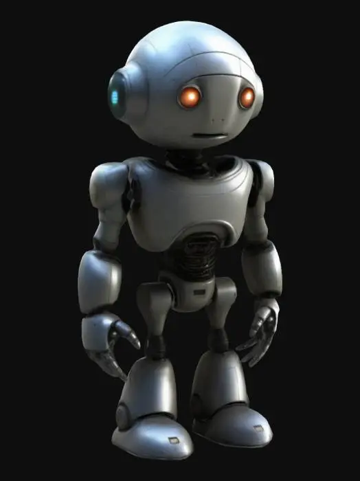 3D model for Highly detailed 3D model of Marvin, the depressed robot from The Hitchhiker’s Guide to the Galaxy. Marvin has a rounded, futuristic design with a slightly slouched posture. His head is large and slightly tilted, with glowing, melancholic eyes that radiate a sense of existential dread. The body is sleek and metallic, with visible joints and subtle scratches showing wear. The overall mood should reflect his sarcastic and pessimistic personality, with a clean sci-fi aesthetic.