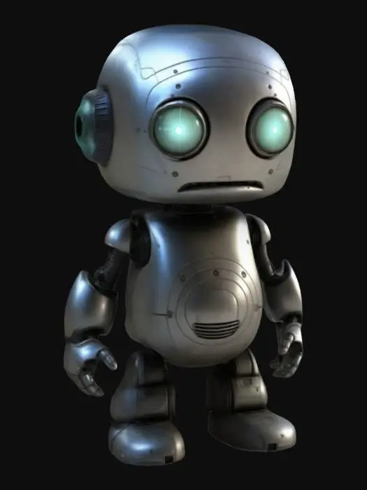 3D model for Highly detailed 3D model of Marvin, the depressed robot from The Hitchhiker’s Guide to the Galaxy. Marvin has a rounded, futuristic design with a slightly slouched posture. His head is large and slightly tilted, with glowing, melancholic eyes that radiate a sense of existential dread. The body is sleek and metallic, with visible joints and subtle scratches showing wear. The overall mood should reflect his sarcastic and pessimistic personality, with a clean sci-fi aesthetic.