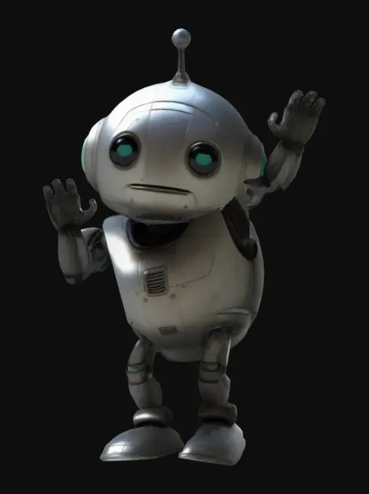 3D model for Highly detailed 3D model of Marvin, the depressed robot from The Hitchhiker’s Guide to the Galaxy. Marvin has a rounded, futuristic design with a slightly slouched posture. His head is large and slightly tilted, with glowing, melancholic eyes that radiate a sense of existential dread. The body is sleek and metallic, with visible joints and subtle scratches showing wear. The overall mood should reflect his sarcastic and pessimistic personality, with a clean sci-fi aesthetic.