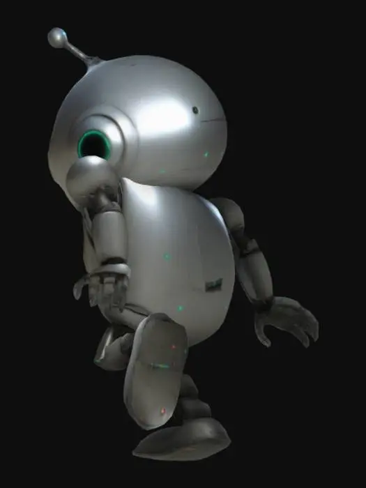 3D model for Highly detailed 3D model of Marvin, the depressed robot from The Hitchhiker’s Guide to the Galaxy. Marvin has a rounded, futuristic design with a slightly slouched posture. His head is large and slightly tilted, with glowing, melancholic eyes that radiate a sense of existential dread. The body is sleek and metallic, with visible joints and subtle scratches showing wear. The overall mood should reflect his sarcastic and pessimistic personality, with a clean sci-fi aesthetic.