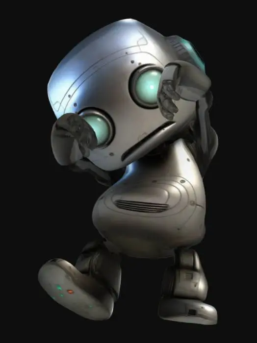 3D model for Highly detailed 3D model of Marvin, the depressed robot from The Hitchhiker’s Guide to the Galaxy. Marvin has a rounded, futuristic design with a slightly slouched posture. His head is large and slightly tilted, with glowing, melancholic eyes that radiate a sense of existential dread. The body is sleek and metallic, with visible joints and subtle scratches showing wear. The overall mood should reflect his sarcastic and pessimistic personality, with a clean sci-fi aesthetic.