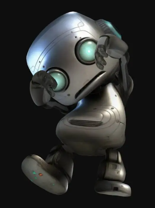 3D model for Highly detailed 3D model of Marvin, the depressed robot from The Hitchhiker’s Guide to the Galaxy. Marvin has a rounded, futuristic design with a slightly slouched posture. His head is large and slightly tilted, with glowing, melancholic eyes that radiate a sense of existential dread. The body is sleek and metallic, with visible joints and subtle scratches showing wear. The overall mood should reflect his sarcastic and pessimistic personality, with a clean sci-fi aesthetic.