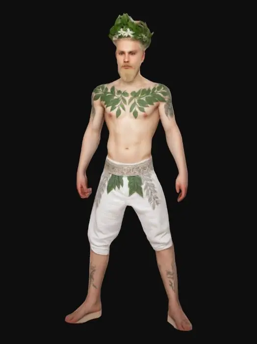 3D model for A young man inspired by the Slavic deity Jarilo, shirtless, with a wreath of green leaves on his head, long blond hair, and a beard. His body features a Slavic-style tattoo on the chest. The character is wearing a traditional red-and-white embroidered Slavic cloth wrap around his waist. Both hands are empty and in a neutral position (A-pose). 