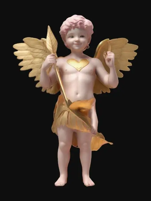 3D model for Create a 3D model of Eros (Cupid) holding a golden love arrow, hesitating before shooting. His mischievous smile suggests the unpredictable nature of love. The arrow glows with a soft golden hue, while his wings shimmer with a delicate pink tint.
#valentine