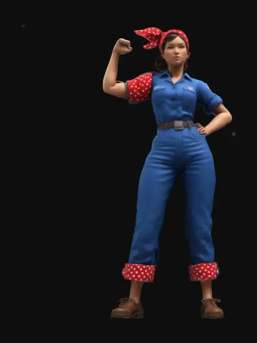 3D model for Create a high-quality 3D model inspired by the ‘We Can Do It!’ poster. The model should depict a strong, determined woman in a blue work uniform with rolled-up sleeves, flexing her arm. She wears a red polka-dotted bandana and has a confident expression. The style should be realistic with detailed textures, capturing the essence of World War II-era propaganda art. Focus on accurate anatomy, fabric folds, and expressive facial features.  #women#