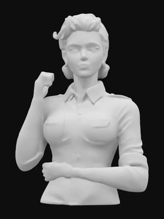 3D model for Create a high-quality 3D model inspired by the ‘We Can Do It!’ poster. The model should depict a strong, determined woman in a blue work uniform with rolled-up sleeves, flexing her arm. She wears a red polka-dotted bandana and has a confident expression. The style should be realistic with detailed textures, capturing the essence of World War II-era propaganda art. Focus on accurate anatomy, fabric folds, and expressive facial features.  #women#