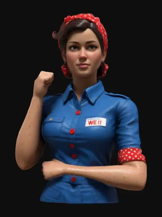 3D model for Create a high-quality 3D model inspired by the ‘We Can Do It!’ poster. The model should depict a strong, determined woman in a blue work uniform with rolled-up sleeves, flexing her arm. She wears a red polka-dotted bandana and has a confident expression. The style should be realistic with detailed textures, capturing the essence of World War II-era propaganda art. Focus on accurate anatomy, fabric folds, and expressive facial features.  #women#