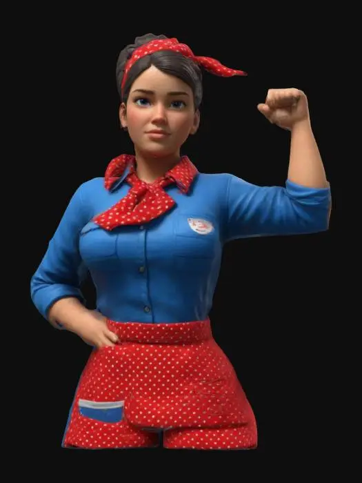 3D model for Create a high-quality 3D model inspired by the ‘We Can Do It!’ poster. The model should depict a strong, determined woman in a blue work uniform with rolled-up sleeves, flexing her arm. She wears a red polka-dotted bandana and has a confident expression. The style should be realistic with detailed textures, capturing the essence of World War II-era propaganda art. Focus on accurate anatomy, fabric folds, and expressive facial features.  #women#