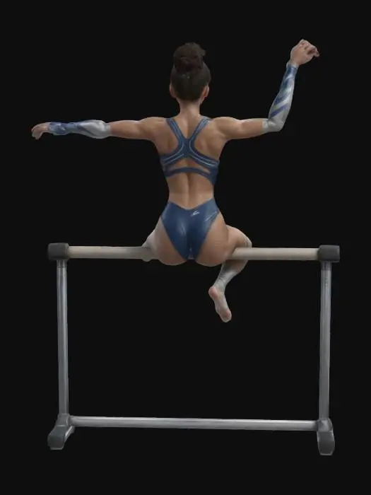 3D model for Create a high-quality 3D model of a strong female gymnast performing an L-sit straddle on parallel bars. She wears a fitted sports outfit, has a muscular and athletic build, and an intense, focused facial expression. Her arms are straight, supporting her body, with legs fully extended in a perfect split. The model should feature realistic anatomy, dynamic tension in muscles, and detailed fabric folds, capturing the grace and power of elite gymnastics., #women#