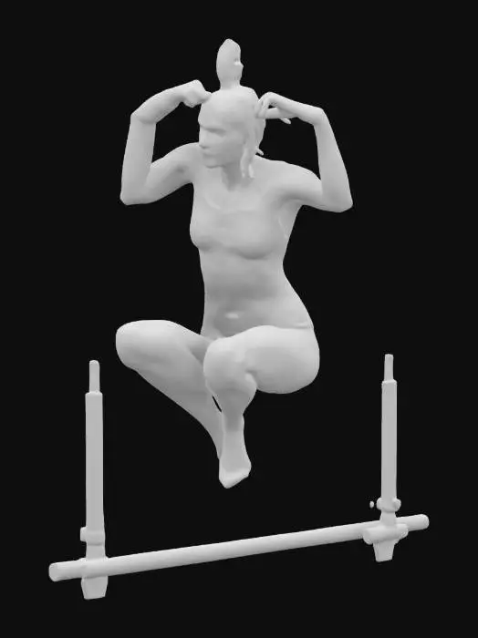 3D model for Create a high-quality 3D model of a strong female gymnast performing an L-sit straddle on parallel bars. She wears a fitted sports outfit, has a muscular and athletic build, and an intense, focused facial expression. Her arms are straight, supporting her body, with legs fully extended in a perfect split. The model should feature realistic anatomy, dynamic tension in muscles, and detailed fabric folds, capturing the grace and power of elite gymnastics., #women#