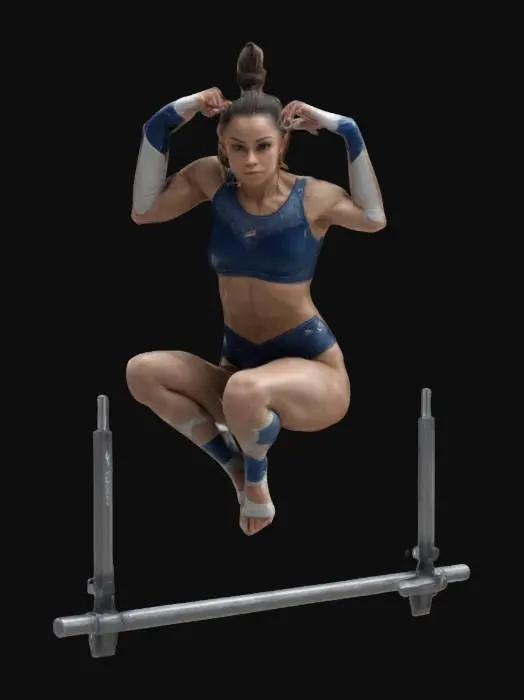 3D model for Create a high-quality 3D model of a strong female gymnast performing an L-sit straddle on parallel bars. She wears a fitted sports outfit, has a muscular and athletic build, and an intense, focused facial expression. Her arms are straight, supporting her body, with legs fully extended in a perfect split. The model should feature realistic anatomy, dynamic tension in muscles, and detailed fabric folds, capturing the grace and power of elite gymnastics., #women#
