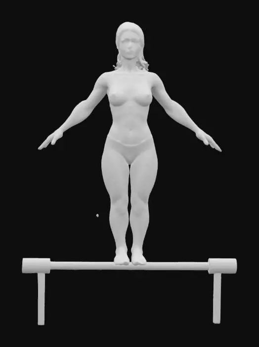 3D model for Create a high-quality 3D model of a strong female gymnast performing an L-sit straddle on parallel bars. She wears a fitted sports outfit, has a muscular and athletic build, and an intense, focused facial expression. Her arms are straight, supporting her body, with legs fully extended in a perfect split. The model should feature realistic anatomy, dynamic tension in muscles, and detailed fabric folds, capturing the grace and power of elite gymnastics., #women#