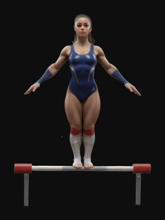 3D model for Create a high-quality 3D model of a strong female gymnast performing an L-sit straddle on parallel bars. She wears a fitted sports outfit, has a muscular and athletic build, and an intense, focused facial expression. Her arms are straight, supporting her body, with legs fully extended in a perfect split. The model should feature realistic anatomy, dynamic tension in muscles, and detailed fabric folds, capturing the grace and power of elite gymnastics., #women#