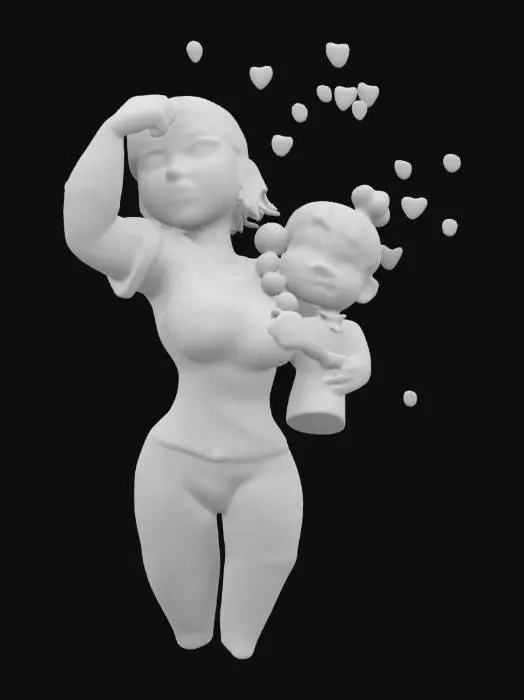 3D model for Create a stylized 3D model of a strong, loving mother flexing her arm while holding her smiling child. The mother wears a headband and a short-sleeved top, with a soft, cartoon-like appearance. The child, dressed in a cute outfit, embraces her joyfully. Surround them with floating hearts and a warm, nature-inspired background. The model should emphasize warmth, love, and empowerment, using smooth, rounded shapes and a pastel color palette., #women#