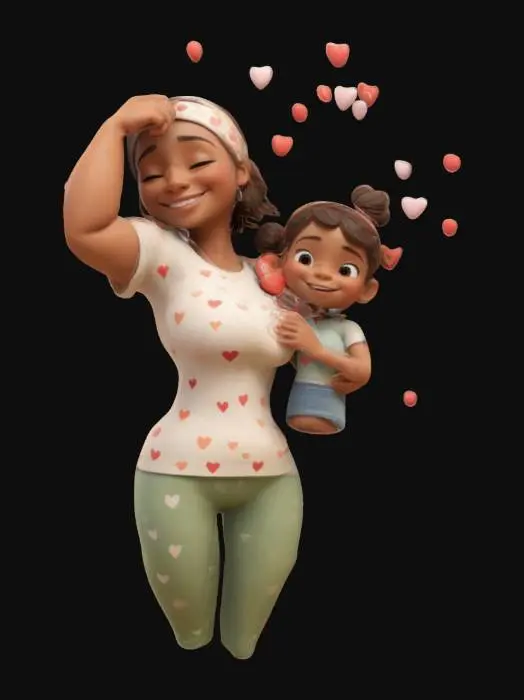 3D model for Create a stylized 3D model of a strong, loving mother flexing her arm while holding her smiling child. The mother wears a headband and a short-sleeved top, with a soft, cartoon-like appearance. The child, dressed in a cute outfit, embraces her joyfully. Surround them with floating hearts and a warm, nature-inspired background. The model should emphasize warmth, love, and empowerment, using smooth, rounded shapes and a pastel color palette., #women#