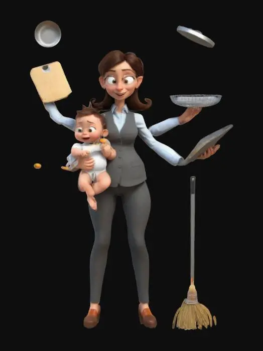 3D model for Create a stylized 3D model of a multitasking mother with extra arms, balancing work and family. She wears a professional business outfit, holds a baby on her hip, and juggles a phone, a laptop, a frying pan, a broom, and a grocery basket. Her expression is determined yet slightly overwhelmed. The model should have a cartoon-like style with clean lines, smooth textures, and a vibrant color palette, emphasizing the dynamic energy of modern motherhood., #women#