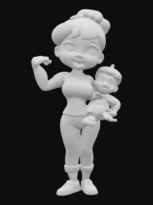 3D model for Create a stylized 3D model of a strong, loving mother flexing her arm while holding her smiling child. The mother wears a headband and a short-sleeved top, with a soft, cartoon-like appearance. The child, dressed in a cute outfit, embraces her joyfully. Surround them with floating hearts and a warm, nature-inspired background. The model should emphasize warmth, love, and empowerment, using smooth, rounded shapes and a pastel color palette., #women#