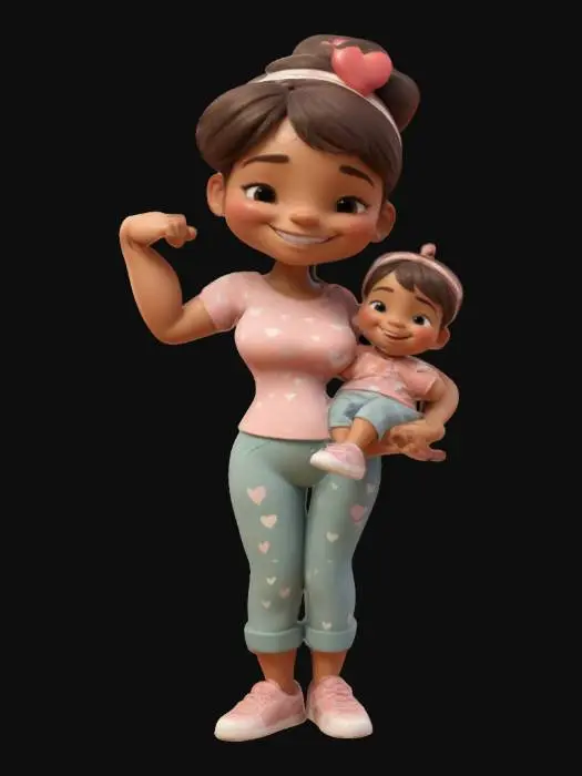 3D model for Create a stylized 3D model of a strong, loving mother flexing her arm while holding her smiling child. The mother wears a headband and a short-sleeved top, with a soft, cartoon-like appearance. The child, dressed in a cute outfit, embraces her joyfully. Surround them with floating hearts and a warm, nature-inspired background. The model should emphasize warmth, love, and empowerment, using smooth, rounded shapes and a pastel color palette., #women#