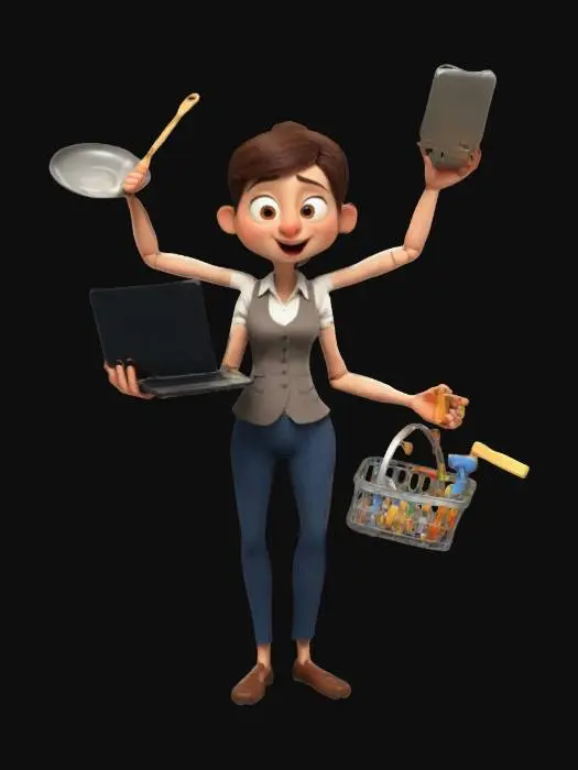 3D model for Create a stylized 3D model of a multitasking mother with extra arms, balancing work and family. She wears a professional business outfit, holds a baby on her hip, and juggles a phone, a laptop, a frying pan, a broom, and a grocery basket. Her expression is determined yet slightly overwhelmed. The model should have a cartoon-like style with clean lines, smooth textures, and a vibrant color palette, emphasizing the dynamic energy of modern motherhood., #women#