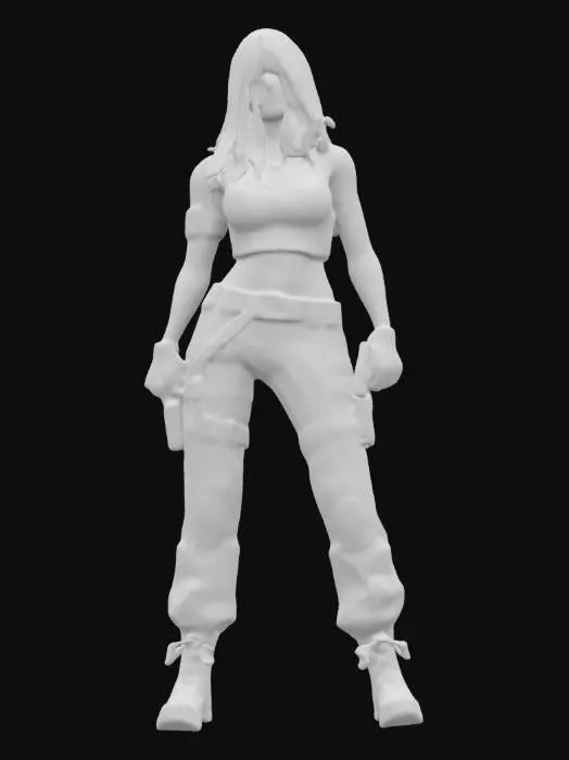 3D model for Create a high-quality 3D model of a fierce Ukrainian female soldier with long dark hair, wearing tactical camo pants, gloves, and a fitted tank top. She holds a handgun with a determined look. Her toned physique, tattoos, and battle-ready stance exude strength. She wears a blue-yellow armband and a trident emblem. The setting is a grassy battlefield at sunset, with warm light highlighting her unwavering presence and the spirit of Ukraine., #women#