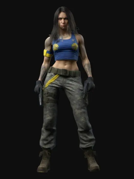 3D model for Create a high-quality 3D model of a fierce Ukrainian female soldier with long dark hair, wearing tactical camo pants, gloves, and a fitted tank top. She holds a handgun with a determined look. Her toned physique, tattoos, and battle-ready stance exude strength. She wears a blue-yellow armband and a trident emblem. The setting is a grassy battlefield at sunset, with warm light highlighting her unwavering presence and the spirit of Ukraine., #women#