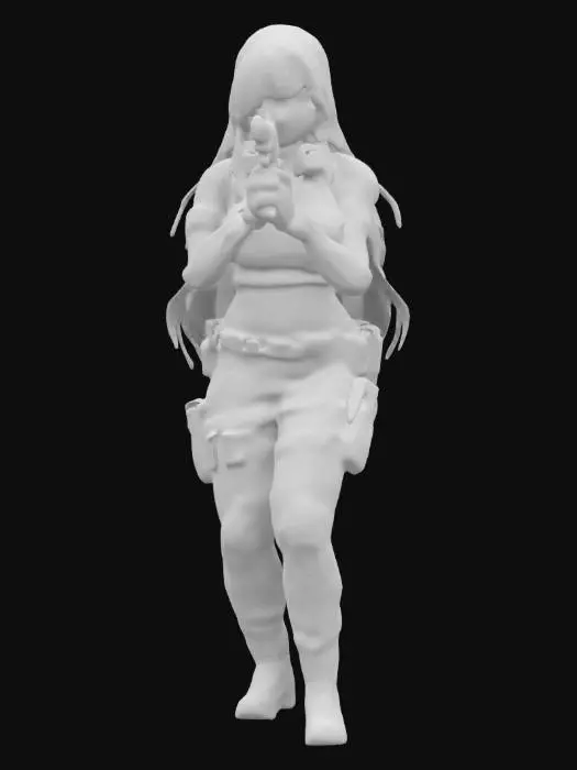 3D model for Create a high-quality 3D model of a fierce Ukrainian female soldier with long dark hair, wearing tactical camo pants, gloves, and a fitted tank top. She holds a handgun with a determined look. Her toned physique, tattoos, and battle-ready stance exude strength. She wears a blue-yellow armband and a trident emblem. The setting is a grassy battlefield at sunset, with warm light highlighting her unwavering presence and the spirit of Ukraine., #women#