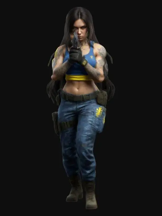 3D model for Create a high-quality 3D model of a fierce Ukrainian female soldier with long dark hair, wearing tactical camo pants, gloves, and a fitted tank top. She holds a handgun with a determined look. Her toned physique, tattoos, and battle-ready stance exude strength. She wears a blue-yellow armband and a trident emblem. The setting is a grassy battlefield at sunset, with warm light highlighting her unwavering presence and the spirit of Ukraine., #women#