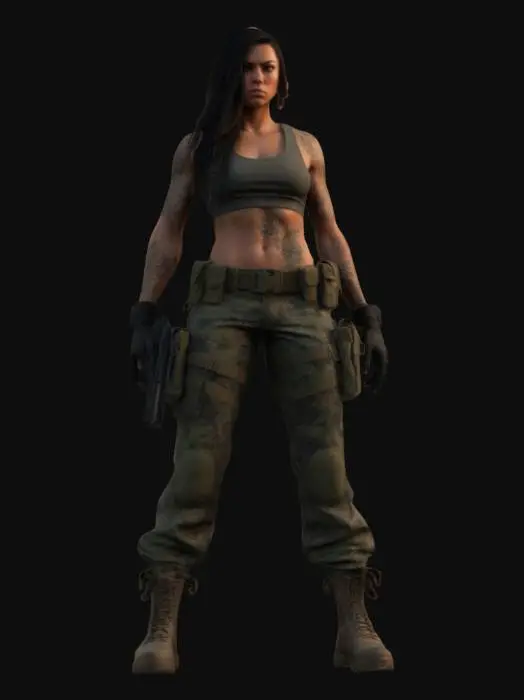 3D model for Create a high-quality 3D model of a fierce and confident female soldier with long dark hair, wearing tactical camouflage pants, gloves, and a fitted tank top. She holds a handgun in one hand with a determined expression. Her toned physique, tattoos, and battle-ready stance exude strength and resilience. The setting is a grassy battlefield at sunset, with warm lighting highlighting her determined gaze and unwavering presence., #women#