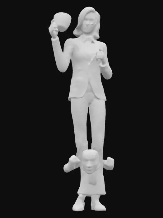 3D model for Create a humorous 3D model of a confident woman in a power pose, wearing a stylish suit and aviator sunglasses. She steps over a tiny, tantrum-throwing Donald Trump and an absurdly long red tie dragging on the floor. He waves his fists angrily while she calmly sips tea, holding a gavel in her other hand. The scene should be playful and bold, with exaggerated expressions and a cartoonish style, capturing a satirical and empowering moment., #women#