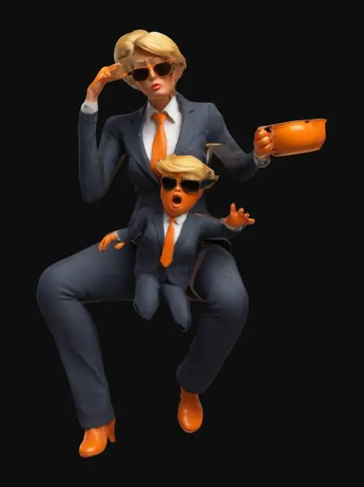 3D model for Create a humorous 3D model of a confident woman in a power pose, wearing a stylish suit and aviator sunglasses. She stands firmly, blocking a tiny, tantrum-throwing Donald Trump between her legs. He flails his fists angrily, his exaggerated orange face stuck between her knees. She calmly sips tea, holding a gavel in her other hand. The scene is playful and bold, with exaggerated expressions and a cartoonish style, capturing a satirical and empowering moment., #women#
