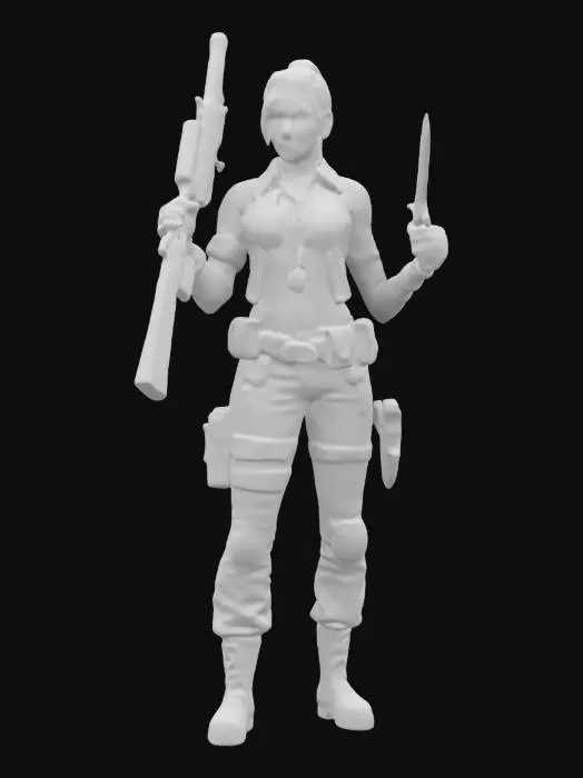 3D model for A stunning yet battle-hardened exorcist soldier, wearing a tight, torn combat shirt tied above her waist, revealing her toned midriff. Tactical pants, holsters, and armored gloves complete her look. She wields a silver-plated shotgun and a blessed combat knife, her dog tags glinting in the moonlight. Surrounded by feral vampires and rotting zombies in a ruined city, she fights with precision, holy sigils glowing on her gear as she holds the line., #game figure#