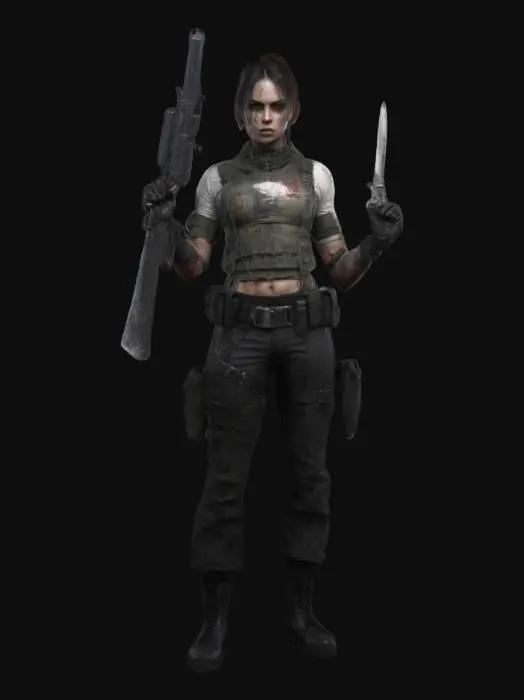 3D model for A stunning yet battle-hardened exorcist soldier, wearing a tight, torn combat shirt tied above her waist, revealing her toned midriff. Tactical pants, holsters, and armored gloves complete her look. She wields a silver-plated shotgun and a blessed combat knife, her dog tags glinting in the moonlight. Surrounded by feral vampires and rotting zombies in a ruined city, she fights with precision, holy sigils glowing on her gear as she holds the line., #game figure#