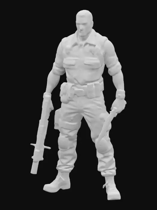 3D model for A stunning yet battle-hardened exorcist soldier, wearing a tight, torn combat shirt tied above her waist, revealing her toned midriff. Tactical pants, holsters, and armored gloves complete her look. She wields a silver-plated shotgun and a blessed combat knife, her dog tags glinting in the moonlight. Surrounded by feral vampires and rotting zombies in a ruined city, she fights with precision, holy sigils glowing on her gear as she holds the line., #game figure#