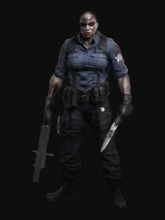 3D model for A stunning yet battle-hardened exorcist soldier, wearing a tight, torn combat shirt tied above her waist, revealing her toned midriff. Tactical pants, holsters, and armored gloves complete her look. She wields a silver-plated shotgun and a blessed combat knife, her dog tags glinting in the moonlight. Surrounded by feral vampires and rotting zombies in a ruined city, she fights with precision, holy sigils glowing on her gear as she holds the line., #game figure#